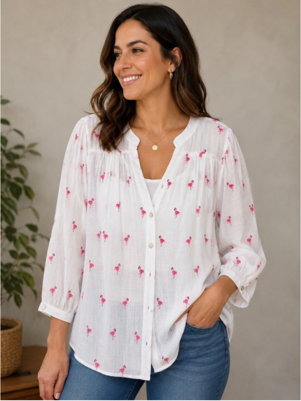 Hope Springs Flamingo Embroidered Guazy White Layered 3/4 Slevee Top L